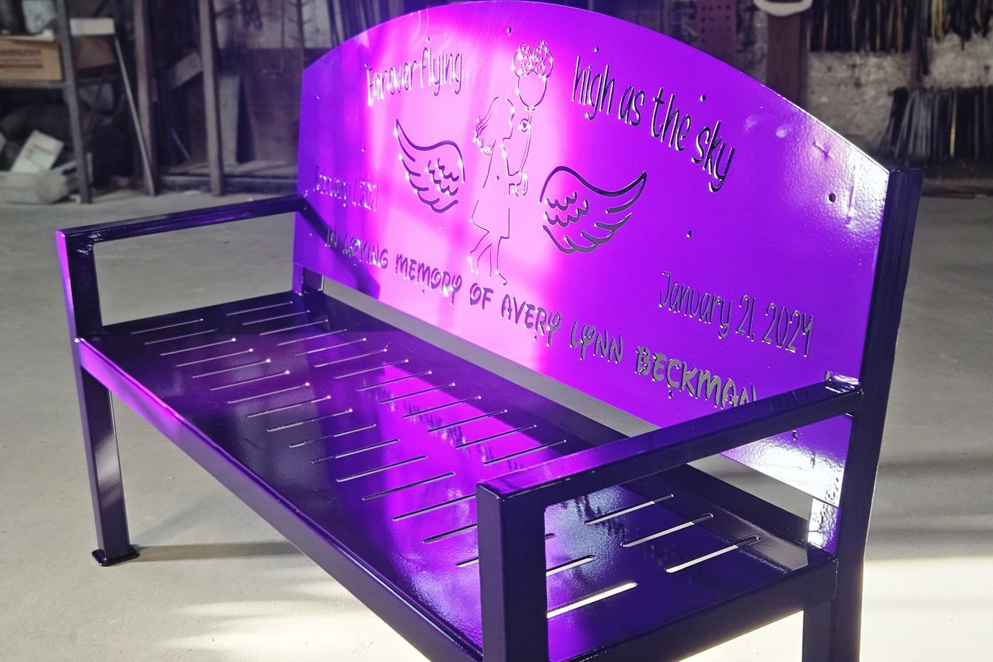 Memorial Bench, powder coated violet